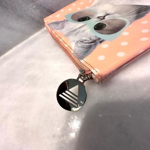 Aldo Cute Girl's Kid's Mini Wallet Coin Purse Zip Cat Details Polka Peach OS - Picture 2 of 3